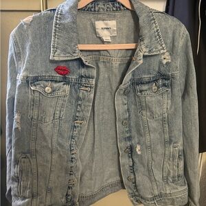 Old Navy Blue Denim Jacket with Red Lip Pin